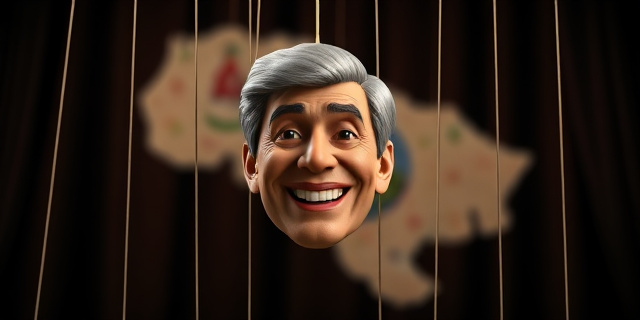 Una marioneta con la cara de un político sonriendo, en un escenario oscuro con hilos que la controlan. El fondo representa un mapa de Venezuela difuminado. Estilo realista con toques de surrealismo.