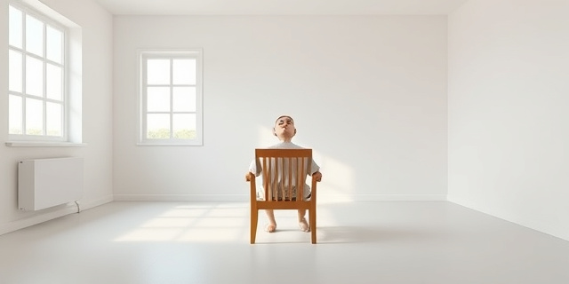 Un interior minimalista con una silla de madera en el centro de una habitación completamente silenciosa, sin pantallas, sin auriculares, con una ventana abierta que deja entrar la luz natural, y una figura humana sentada con los ojos cerrados, respirando profundamente, rodeada de una atmósfera serena y calmada.