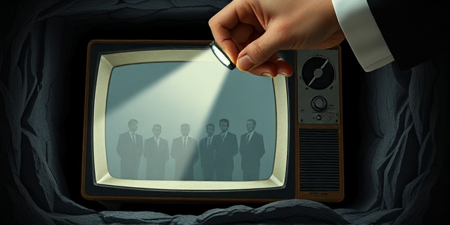 Una ilustración satírica de estilo editorial. Un televisor antiguo y polvoriento que emite una luz fría y grisácea, situado al fondo de un pozo oscuro y profundo. Desde arriba, una mano elegante sostiene una linterna que ilumina la pantalla, revelando sombras de marionetas políticas. Estética de collage periodístico, colores contrastados, atmósfera de ironía y crítica social.