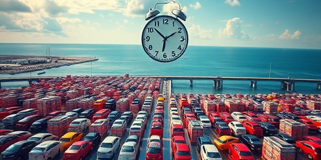 Una ilustración conceptual y satírica de un puerto marítimo saturado. Se ve una marea infinita de coches de colores brillantes formando un laberinto metálico que llega hasta el agua. En el cielo, un reloj gigante marca la hora del caos. Estilo editorial de revista, colores vibrantes, perspectiva aérea exagerada para mostrar la aglomeración.