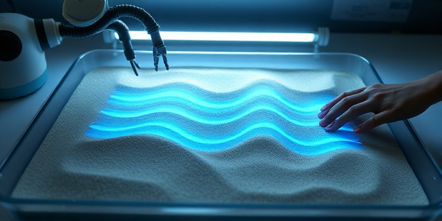Una escena de laboratorio costero: un cajón de arena iluminado por una tira de LED, con un brazo robótico UR5 y una mano humana tocando la superficie, mostrando ondas de presión visualizadas como destellos de luz azul que se propagan en la arena, todo en tonos suaves y con una sensación de exploración científica.