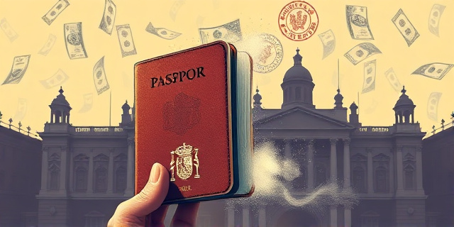 Una ilustración satírica que muestra un pasaporte español antiguo transformándose en una papeleta de votación. De fondo, una silueta de la Casa Rosada de Argentina fusionándose con el Congreso de España, envuelta en una niebla de billetes de dólares y sellos oficiales. Estilo editorial de caricatura política moderna, colores contrastados, atmósfera de ironía burocrática.