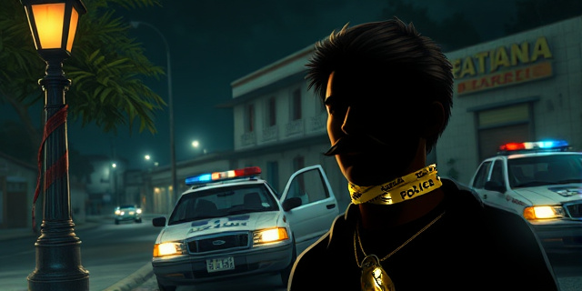 Una ilustración satírica al estilo de novela gráfica oscura. En primer plano, una farola de calle antigua en un pueblo mexicano donde se ve una silueta humana atada con cinta adhesiva brillante, con un dibujo de bigotes cómicos en la cara. Al fondo, una patrulla de policía estacionada con los agentes durmiendo o mirando el móvil, ignorando la escena. Atmósfera nocturna, colores contrastados, sombras profundas y un aire de ironía urbana.