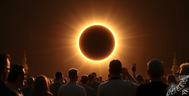 Imagen de un eclipse solar total con la luna cubriendo el sol, creando una sombra en la tierra, con personas observando con gafas especiales en una ciudad como Oviedo o Gijón.