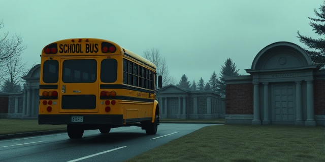 Una escena de un autobús escolar acercándose a un cementerio de fosas comunes bajo un cielo gris, con niños en silencio y una pared de piedra con inscripciones, sin rostros visibles, estilo realista y sombrío.