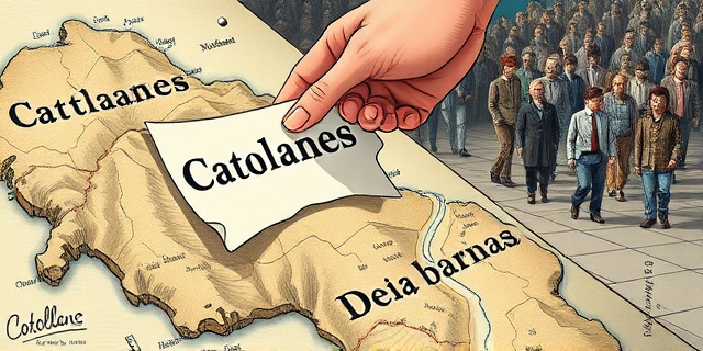 Una ilustración satírica que muestra un mapa antiguo de una región montañosa donde una mano intenta pegar una etiqueta adhesiva que dice 