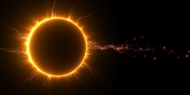 Una ilustración conceptual y surrealista del sol donde la superficie parece una costra fría y oscura, pero la atmósfera exterior (corona) es una explosión vibrante de hilos de plasma blanco y dorado. Pequeñas partículas de polvo brillantes actúan como chispas eléctricas que conectan la superficie con la atmósfera, creando un efecto de cortocircuito cósmico. Estilo artístico digital, cinematográfico, fondo negro profundo del espacio.