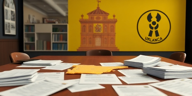 Una mesa de negociación con papeles esparcidos, un mapa de España con Salamanca resaltado, un fondo de tribunales y un símbolo de uranio estilizado, sin rostros ni texto, con un toque artístico y atmosférico.
