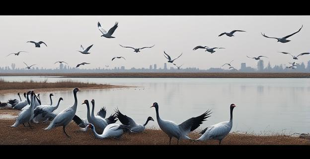 Una escena desoladora en un humedal europeo. Grullas muertas yacen en la orilla de un embalse bajo un cielo gris. Al fondo, siluetas de grandes aves migratorias en vuelo. Elementos de bioseguridad como cercas y señales de advertencia sutilmente visibles en la distancia, sin mostrar personas.