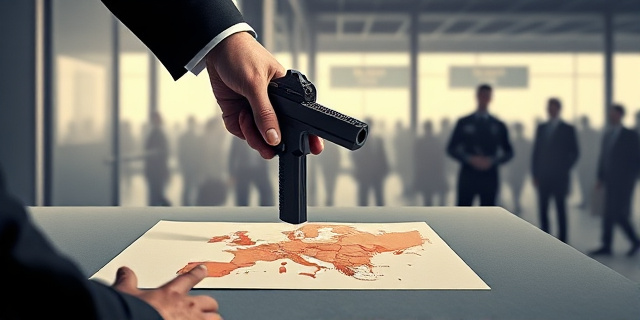 Una ilustración conceptual y satírica. Un primer plano de un escritorio ministerial frío y gris donde una mano con traje retira una pistola táser de un mapa del aeropuerto de Madrid para colocarla en otro lugar aleatorio. Al fondo, la silueta de un agente de seguridad confundido y desarmado frente a una multitud borrosa de viajeros. Estilo editorial de periódico, colores contrastados, atmósfera de ironía burocrática.