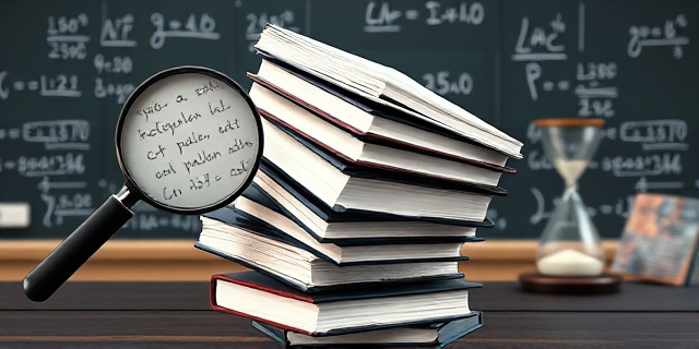 Una pila de libros de texto inclinándose peligrosamente, con una lupa que revela errores garabateados en las páginas. El fondo es una pizarra llena de ecuaciones borrosas y un reloj de arena a punto de agotarse. Estilo: expresionismo abstracto, colores apagados y contrastantes.