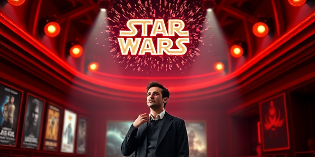 Un escenario de teatro de Broadway iluminado con luces de neón, con un actor pensativo en el centro rodeado de carteles de películas y un enorme manuscrito de Star Wars flotando sobre su cabeza como si fuera una lluvia de estrellas.