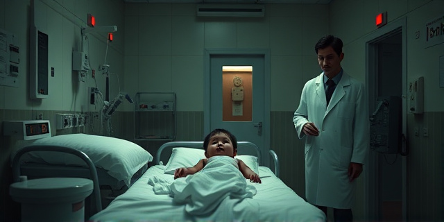 Un hospital en Pisco, Perú, con un niño de cinco años en la cama de parto y un médico en bata blanca. La escena es sombría, con luces rojas y una sensación de urgencia. No se muestra rostro, solo la figura del niño y el doctor, con la estética de una película de época.