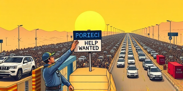Una ilustración satírica de un puesto de control fronterizo moderno y tecnológico, pero con una barrera donde solo hay un policía exhausto sosteniendo un cartel de 