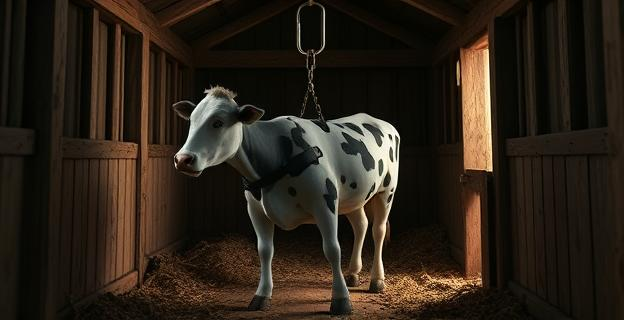 Una vaca atada en un establo con una puerta abierta y una luz tenue entrando, simbolizando el lugar del incidente