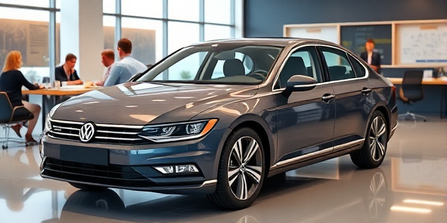 Una imagen de un coche Volkswagen Passat en perfectas condiciones, con un hombre sonriendo al lado del vehículo. En el fondo, una oficina con personas reunidas en torno a una mesa, con documentos y dinero sobre la mesa.