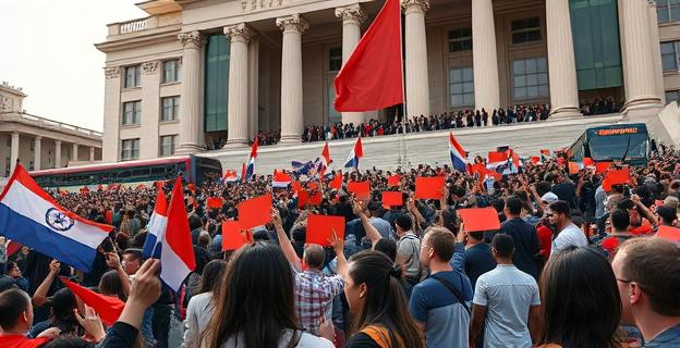 Una multitudinaria manifestación en las escaleras de un instituto, con pancartas y banderas, en un ambiente tenso y reivindicativo, con autobuses al fondo descargando personas