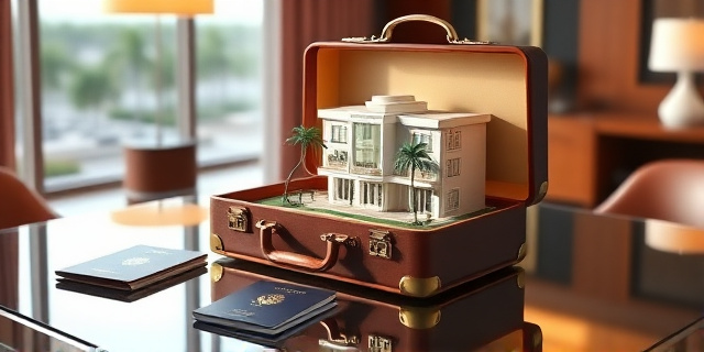 Una ilustración satírica de estilo editorial. Un maletín de cuero caro abierto sobre una mesa de cristal, donde dentro del maletín, en lugar de dinero, hay una maqueta de un edificio de lujo tropical con palmeras y una playa paradisíaca al fondo. Al lado del maletín, un pasaporte y un sello oficial. Colores vibrantes, iluminación de oficina de lujo, atmósfera de poder y opulencia.