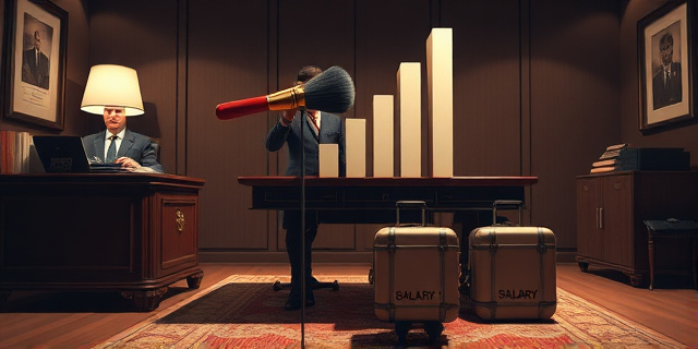 Una ilustración conceptual y satírica. Un escritorio de oficina lujoso donde un funcionario con traje usa un pincel de maquillaje gigante para cubrir un gráfico de barras que cae drásticamente. Debajo del escritorio, en la sombra, se ve a un trabajador cansado cargando dos maletas pesadas que dicen 
