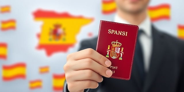 Una persona con un pasaporte español en la mano, con un fondo de banderas españolas y un mapa de España