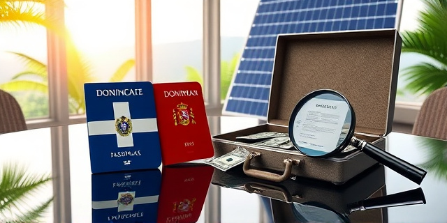 Una ilustración satírica y conceptual. Un pasaporte dominicano y un pasaporte español descansando sobre una mesa de cristal donde se refleja un panel solar gigante. Al lado, un maletín entreabierto del que salen billetes de dólares y una lupa que intenta buscar un contrato invisible. Fondo con colores tropicales pero atmósfera de oficina gubernamental opaca, estilo editorial de revista de análisis político.