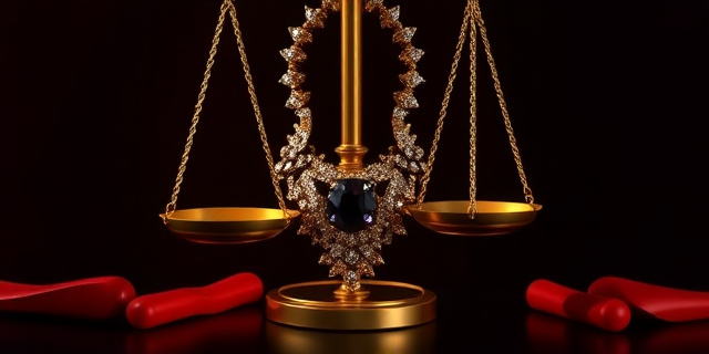 Una imagen abstracta que represente una balanza de la justicia desequilibrada por un gran collar de joyas brillantes. El fondo debe ser oscuro y sugerir intriga y corrupción. Estilo pictórico, con pinceladas expresivas y colores contrastantes (dorado, negro, rojo).