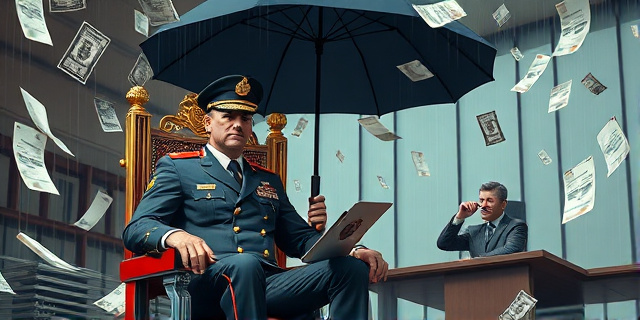 Una ilustración conceptual y satírica. Un alto mando militar con uniforme impecable sentado en un trono de cristal que lo protege de una lluvia de expedientes judiciales. Detrás, una figura política femenina sosteniendo un paraguas gigante hecho de hojas de papel legal y sellos oficiales, bloqueando la vista de un juez que observa desde lejos con una lupa. Estilo editorial de revista, colores contrastados, atmósfera de oficina burocrática surrealista.