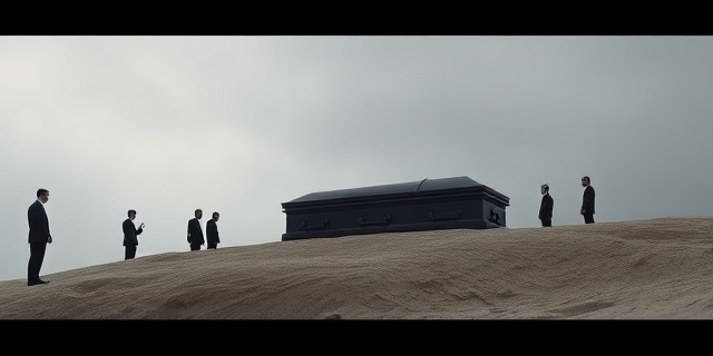 Una escena serena en la que un ataúd negro descansa sobre una colina bajo un cielo gris. Alrededor, unos pocos asistentes vestidos con ropa formal se recogen en silencio. No hay presencia humana visible, sólo una atmósfera de respeto y finalidad. El estilo es minimalista y sobrio, con foco en la textura del polvo y la luz tenue.