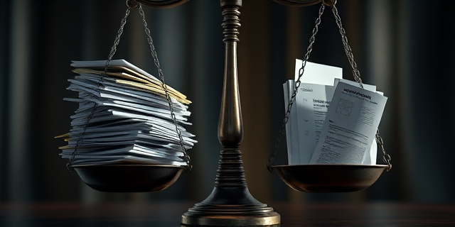 Una balanza de la justicia con un lado visiblemente sobrecargado de papeleo y el otro casi vacío. La iluminación es dramática, con sombras que sugieren corrupción y manipulación. Estilo pictórico, con pinceladas gruesas y colores oscuros y apagados. El fondo es difuso, representando la incertidumbre y la complejidad del sistema legal. No incluir rostros.