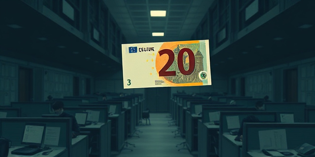 Ilustración digital surrealista. Una oficina laberíntica y opresiva, con funcionarios atrapados en cubículos como hormigas. Un billete de 200 euros flota en el aire como un señuelo. Colores grises y apagados, con un único foco de luz brillante sobre el billete. Estilo artístico: Neoexpresionismo.