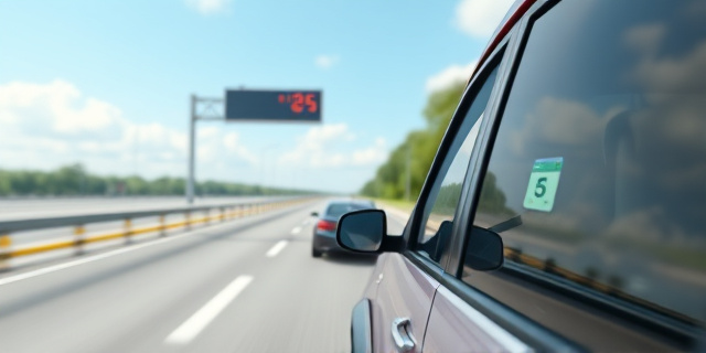 Una carretera con un radar de velocidad y un coche que pasa a toda velocidad, con un datáfono en la ventanilla