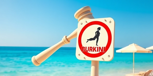 Una ilustración conceptual y satírica. Un mazo de juez gigante cayendo sobre un cartel de prohibido bañarse con burkini en una playa paradisíaca de la Costa Azul. Estilo editorial de revista, colores vibrantes, composición surrealista donde el mazo es de mármol blanco y el fondo es un mar azul turquesa.