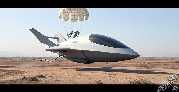 Una nave espacial futurista con forma aerodinámica y compacta, con un paracaídas desplegado, aterrizando en un terreno remoto y aislado, con un fondo de cielo despejado y una ligera niebla en el horizonte.