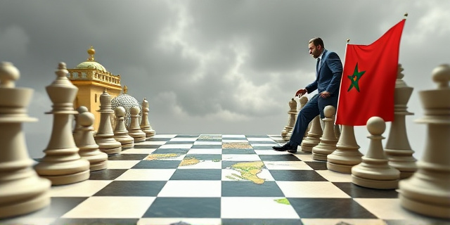 Una ilustración conceptual y satírica. Un tablero de ajedrez gigante donde las piezas son edificios gubernamentales y mapas de Ceuta y Melilla. En un lado, una figura borrosa representando el poder europeo dudando; en el otro, una figura imponente representando el poder marroquí moviendo las piezas con confianza. Estilo editorial de revista política, colores contrastados, atmósfera de tensión diplomática.