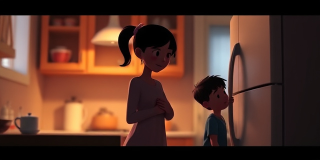 Una escena íntima en la cocina: una madre en la barra, sosteniendo una taza de café, y su hijo de 10 años, de pie junto al refrigerador, con la mano sobre el corazón. La atmósfera es cálida, pero el aire lleva una ligera tensión emocional. No hay rostros claramente identificables, solo siluetas y sombras que dan sensación de cercanía.