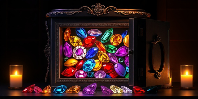 Una caja fuerte abierta, desbordante de joyas brillantes y coloridas. Fondo oscuro y misterioso, con sombras que sugieren un ambiente de intriga. Estilo barroco, con detalles exagerados y un toque de sarcasmo visual. Sin rostros humanos.