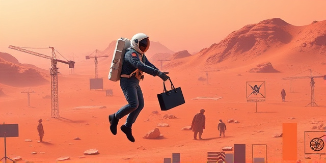 Una ilustración satírica y conceptual que muestra un apretón de manos gigante entre un astronauta con traje clásico de la NASA y un ejecutivo de traje moderno con un maletín, flotando sobre la superficie roja de Marte. Al fondo, se ven grúas de construcción modernas y logos corporativos abstractos integrándose en el paisaje marciano, estilo arte digital detallado, contrastando la ciencia fría con la ambición empresarial.