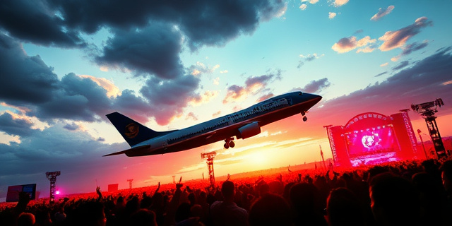 Una silueta estilizada de un avión presidencial volando sobre una multitud vibrante en un festival de música. El cielo está dividido en dos: un lado con nubes oscuras y tormentosas, el otro con colores brillantes y festivos. Estilo artístico: Pop Art con toques de surrealismo.