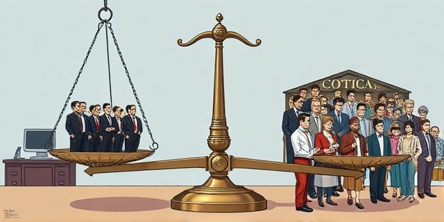 Una ilustración conceptual y satírica que muestra una balanza antigua y desequilibrada. En un plato hay una multitud pequeña de personas con trajes elegantes representando la recaudación fiscal masiva, y en el otro plato una multitud mucho más grande de personas con ropa de trabajo sencilla que apenas inclina la balanza. Fondo de oficina gubernamental minimalista con colores fríos y estilo de caricatura editorial de periódico.
