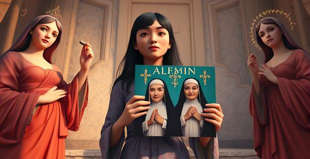 Imagen de una artista musical rodeada de símbolos feministas y religiosos, con un álbum en la mano que muestra una portada con una monja, en un entorno que mezcla elementos espirituales y culturales