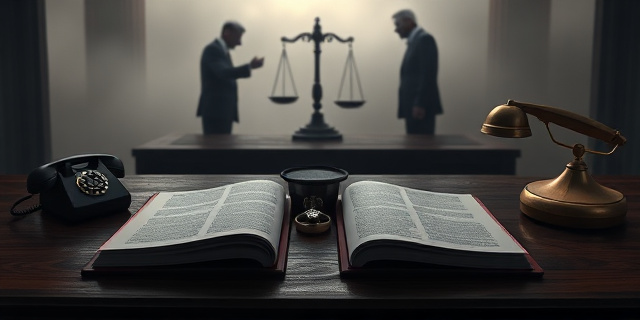 Una ilustración conceptual al estilo editorial de periódico. Un escritorio oscuro de madera donde destacan dos agendas abiertas, un anillo de diamantes brillante y un teléfono antiguo. De fondo, la silueta de una balanza de la justicia inclinada y sombras de figuras humanas estrechando la mano en un entorno nebuloso y cínico. Colores sobrios, contrastes fuertes, atmósfera de intriga política.