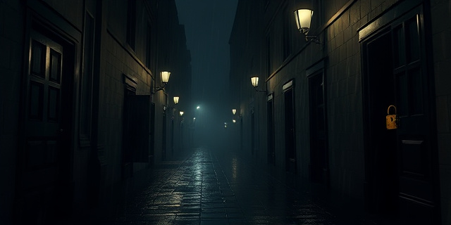 Una calle oscura y lluviosa con varias puertas cerradas. Cada puerta tiene un símbolo sutil que representa el poder y la corrupción (una llave dorada oxidada, un candado con forma de billete, etc.). La iluminación proviene de farolas tenues que proyectan sombras alargadas y amenazantes. Estilo cinematográfico, noir, alto contraste.