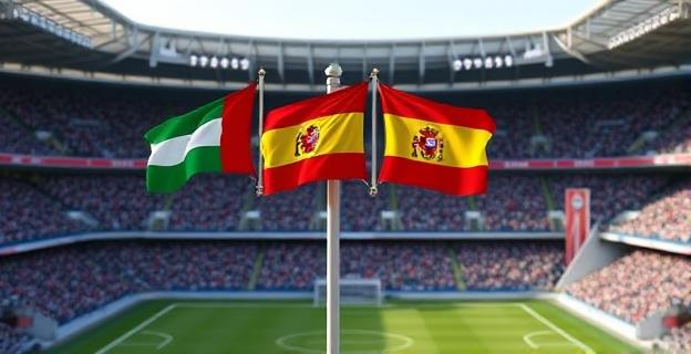 Imagen de un estadio de fútbol con las banderas de Palestina, España y la UEFA ondeando en el mástil central, con un fondo de gradas llenas de aficionados.