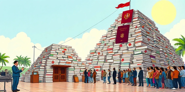 Una ilustración satírica que muestra una montaña colosal de expedientes y papeles burocráticos frente a un consulado español en Buenos Aires. Un pequeño grupo de funcionarios con sellos intenta procesar la montaña con una lentitud cómica, mientras una fila interminable de personas espera bajo el sol. Al fondo, un pasaporte español brilla como un trofeo inalcanzable. Estilo editorial de caricatura periodística, colores vibrantes pero con un aire de caos administrativo.