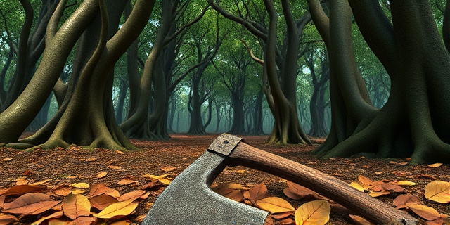 Un bosque antiguo con árboles altos y raíces entrelazadas. En el suelo, un viejo cabezal de hacha de bronce reluciente, parcialmente enterrado bajo la capa de hojas caídas. La escena transmite la sensación de descubrimiento histórico y la conexión entre el presente y el pasado.