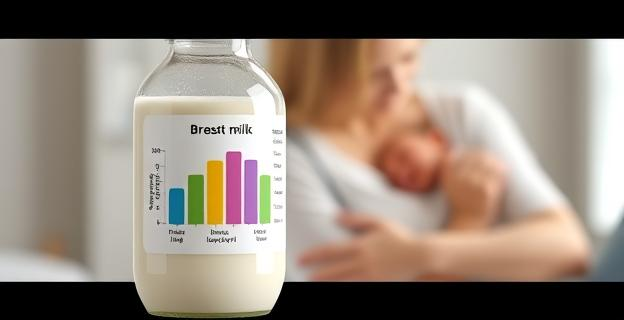 Un frasco de leche materna con una etiqueta que muestra un gráfico de barras representando diferentes niveles de microARN y ácidos grasos. Al fondo, una madre abrazando a su bebé.