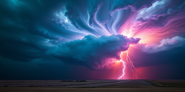 Una vista abstracta y dramática de una supercelda tormentosa sobre las llanuras, con colores vibrantes y texturas arremolinadas. Predominan los tonos oscuros de azul, morado y verde, con destellos de naranja y amarillo que representan la energía eléctrica. La composición debe evocar una sensación de asombro y temor, sin incluir elementos reconocibles como coches o personas. Estilo artístico: expresionismo abstracto.