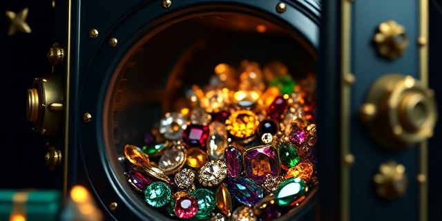 Una caja fuerte abierta, desbordante de joyas brillantes, con un ligero efecto de desenfoque que sugiere misterio y opulencia. El fondo debe ser oscuro, con reflejos de luz que resalten las gemas. Estilo barroco, colores ricos y saturados (oro, esmeralda, zafiro). Sin rostros humanos.