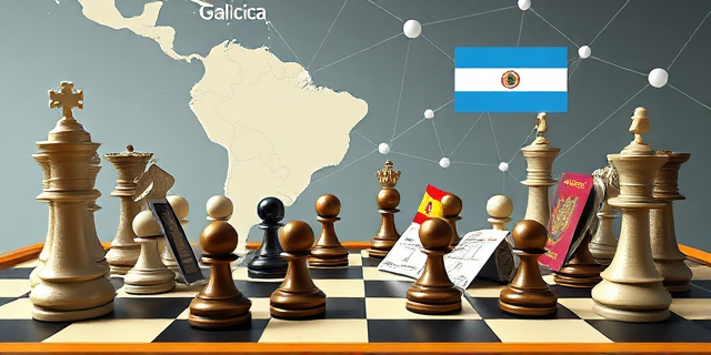 Una ilustración conceptual y satírica. Un tablero de ajedrez donde las piezas son pasaportes españoles y papeletas de voto. De fondo, un mapa de Galicia y Argentina conectados por hilos invisibles. Estilo editorial de revista política, colores sobrios con un toque de ironía visual, sin rostros humanos reales.