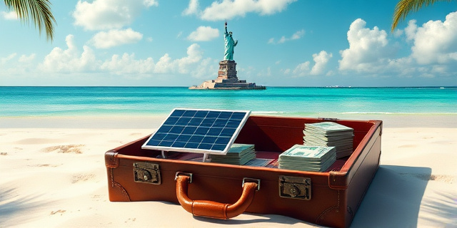 Una ilustración conceptual y satírica. Un maletín de cuero antiguo abierto sobre una playa caribeña de arena blanca, donde en lugar de ropa hay paneles solares en miniatura y fajos de billetes. Al fondo, una sombra imponente de la Estatua de la Libertad proyectándose sobre el agua turquesa, actuando como un faro de vigilancia. Estilo de caricatura editorial de alta calidad, colores vibrantes y contrastados.
